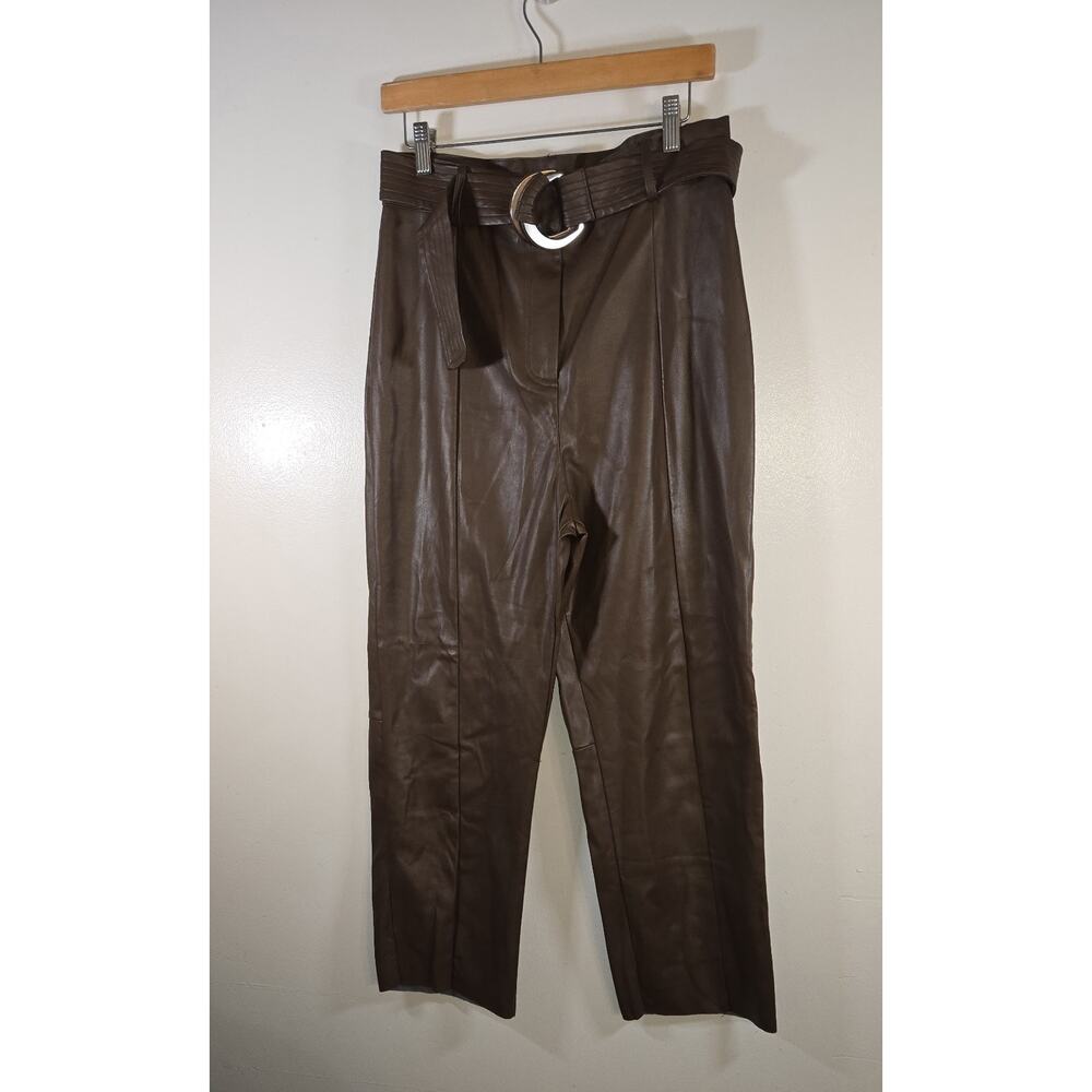 Dissh Womens Pants 14 Brown High Waisted Faux Leather Belt Zip Cut Off Tapered